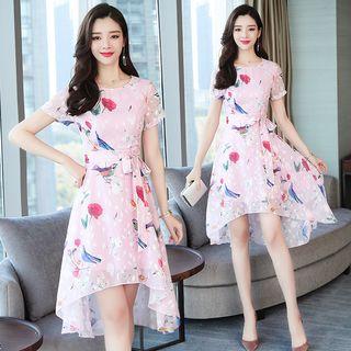 Short-sleeve Floral Print Dip Back Chiffon Dress