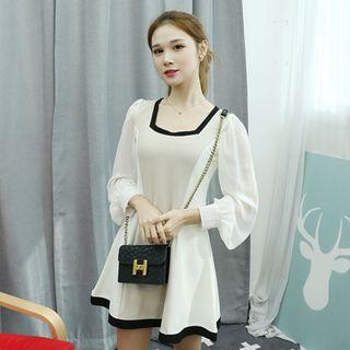 Squared-neck Chiffon-sleeve A-line Dress