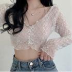 V Neck Lace Long Sleeve Top White - One Size
