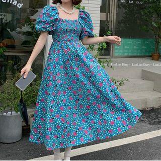 Puff-sleeve Square-neck Floral Printed Midi Dress