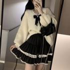 Set : Lace Panel Bow Sweater + High-waist Lace Trim A-line Skirt