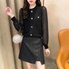 Set: Mesh Sleeve Knit Top + Mini A-line Skirt