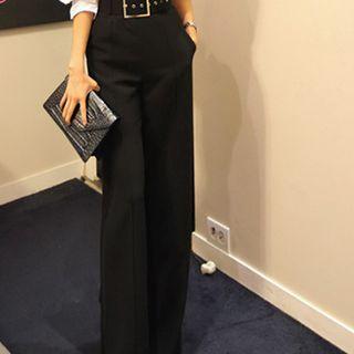 High Waist Loose Fit Dress Pants / Puff-sleeve Blouse