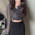 Long-sleeve Plain Perforated Knit Cropped Top