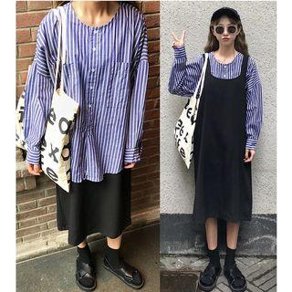 Striped Blouse / Plain Pinafore Dress