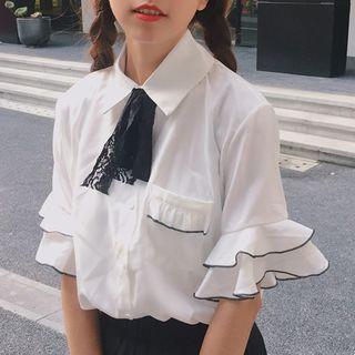 Lace Bow Short-sleeve Chiffon Blouse