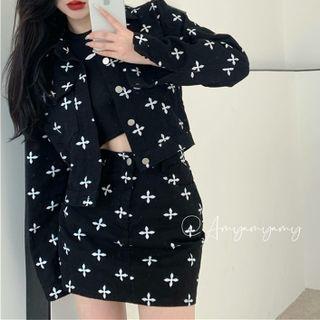 Patterned Button Jacket / A-line Skirt