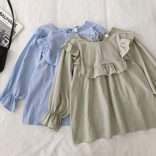 Plain Lace-up Panel Ruffled-trim Long-sleeve Blouse