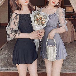 Butterfly Embroidered Elbow-sleeve Swimdress