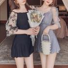 Butterfly Embroidered Elbow-sleeve Swimdress