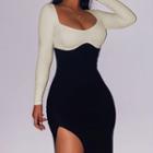 Long Sleeve Square-neck Color-block Slit Midi Dress