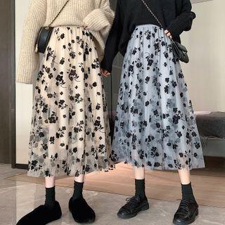 Floral Applique Mesh Overlay Midi A-line Skirt