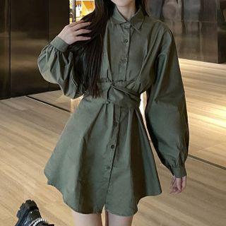 Set: Tie-waist Mini A-line Shirtdress + Shorts