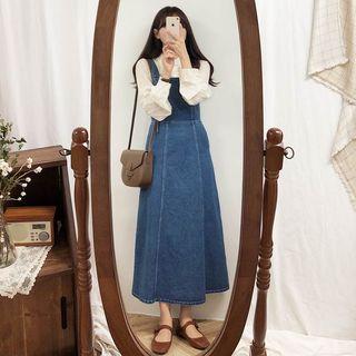 Lace Long-sleeve Blouse / Plaid Pleated Dress