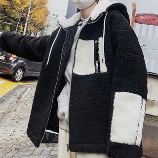 Couple Matching Color Block Furry Zip Hooded Jacket