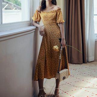 Floral Print Off-shoulder Short-sleeve Midi A-line Dress