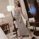 Strapless Drawstring Striped Maxi Dress Gray - One Size
