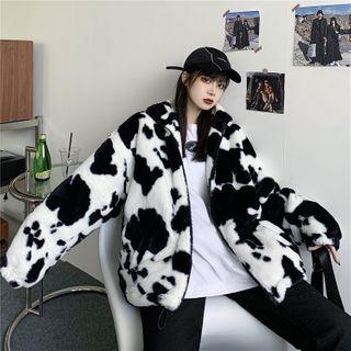 Cow Print Fluffy Zipped Jacket