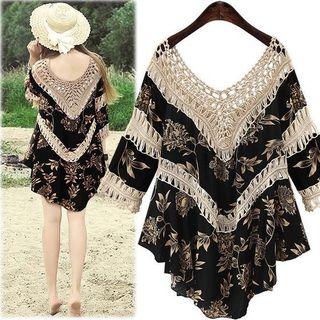 Crochet Trim Printed 3/4-sleeve Top