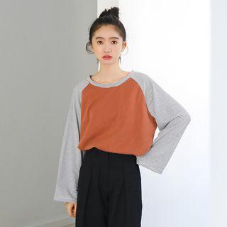Raglan Bell Sleeve Striped Panel T-shirt