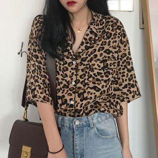 Leopard Pattern Elbow-sleeve Blouse