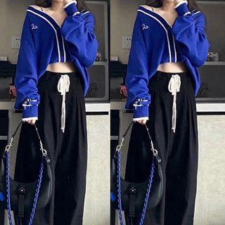 Contrast Trim Cardigan / Drawstring Wide Leg Pants / Set