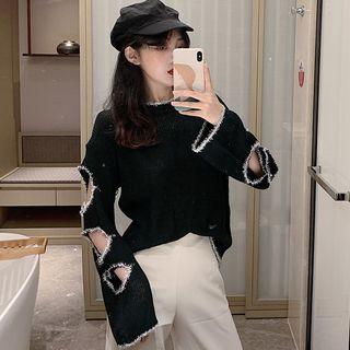 Long-sleeve Contrast Trim Cutout Knit Top As Shown In Figure - One Size