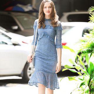 Elbow-sleeve Ruffle Hem Lace Dress