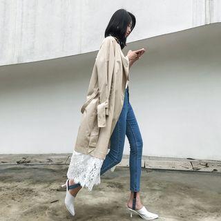 Lace-hem Long Windbreaker With Sash