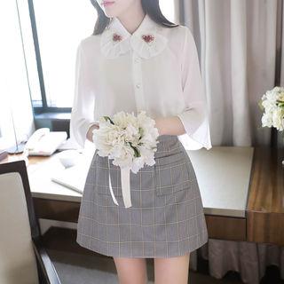 3/4-sleeve Frill-trim Embroidered Blouse