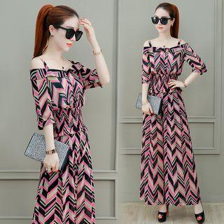 Set: Patterned Off Shoulder Elbow Sleeve Top + Wide Leg Pants