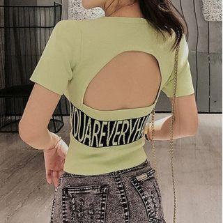 Short-sleeve Open Back Lettering Knit Top