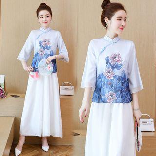 Set: Flower Print Elbow-sleeve Hanfu Top + Wide-leg Pants