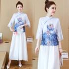 Set: Flower Print Elbow-sleeve Hanfu Top + Wide-leg Pants