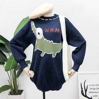 Cartoon-print Knit Sweater Blue - One Size