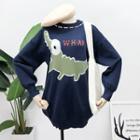Cartoon-print Knit Sweater Blue - One Size