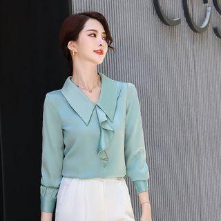 Long-sleeve Ruffled V-neck Blouse / Straight-leg Dress Pants
