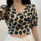 Floral Print Short-sleeve Crop Top As Shown In Figure - One Size