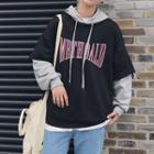 Mock Two-piece Inset Color-block Lettering Loose-fit Hooded Panel Pullover