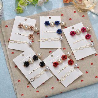 Set Of 3: Rose / Faux Pearl Hair Clips (various Designs)