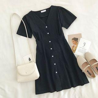 Plain V-neck Single-breasted Short-sleeve Dress Black - One Size