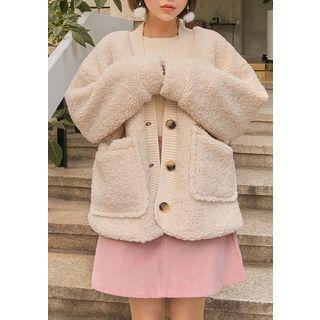 Rib-trim Sherpa Fleece Cardigan Beige - One Size