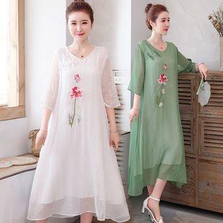 3/4-sleeve Embroidered Floral A-line Midi Dress