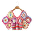 Elbow-sleeve V-neck Color Block Crochet Crop Top Pink - One Size