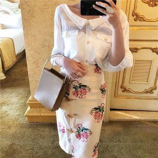 Plain Crewneck Puff-sleeve Top / Printed Single-breasted Skirt