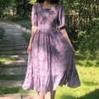 Short-sleeve Floral Print A-line Dress Purplish Blue - One Size