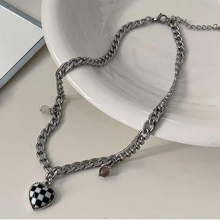 Heart Checker Pendant Alloy Necklace Black & White - One Size