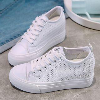 Faux Leather Perforated Hidden Wedge Platform Sneakers