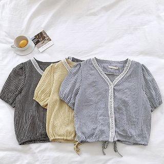 Single-breasted Plaid Short-sleeve Blouse