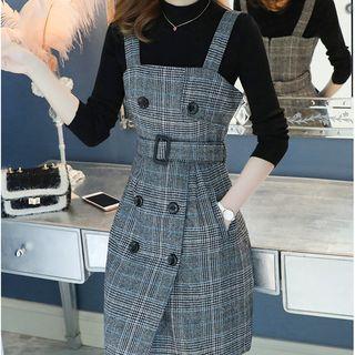 Long-sleeve Knit Top / Sleeveless Plaid Mini A-line Dress/ Set